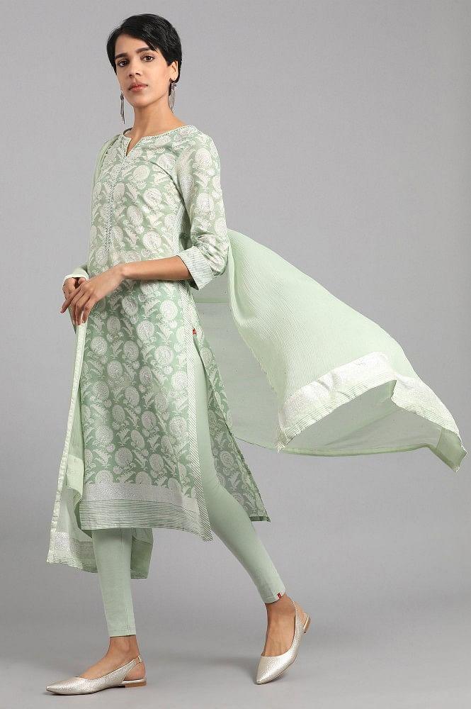 Green Round Neck Printed kurta - wforwoman