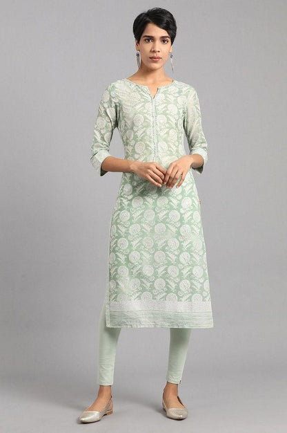 Green Round Neck Printed kurta - wforwoman