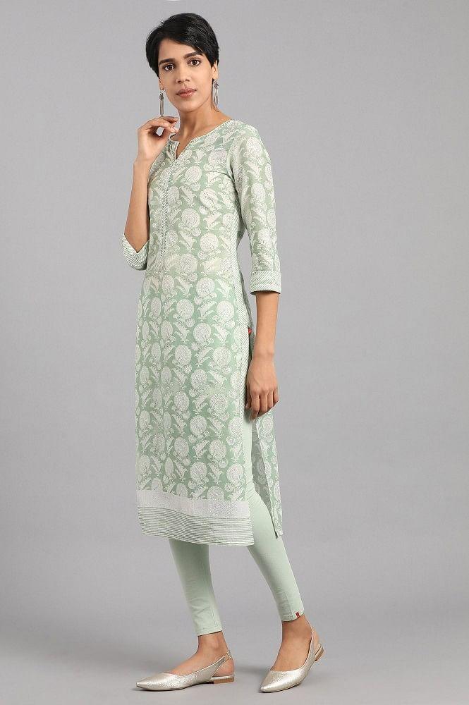 Green Round Neck Printed kurta - wforwoman