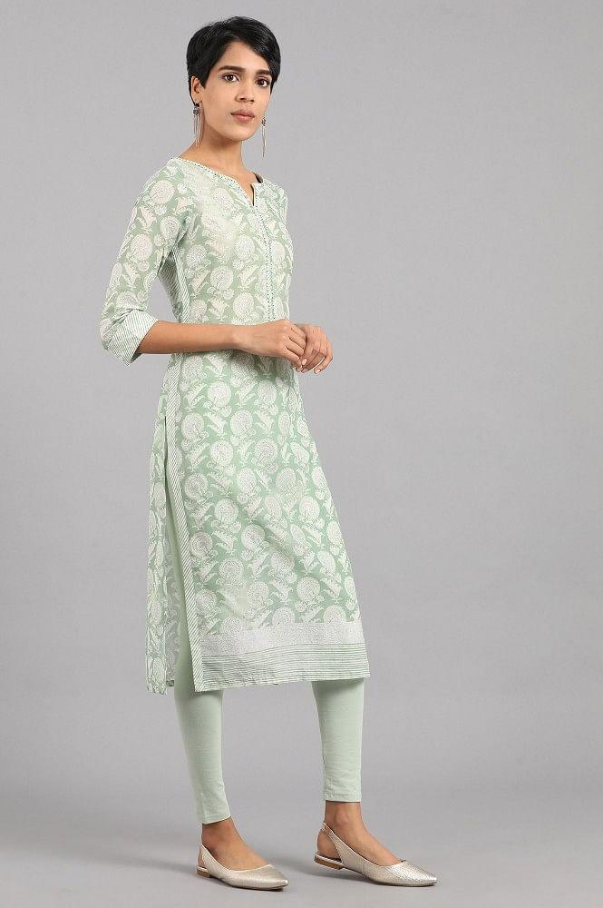 Green Round Neck Printed kurta - wforwoman