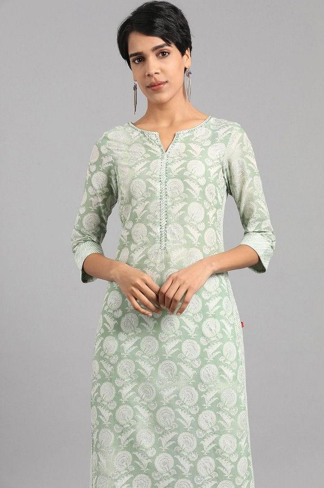 Green Round Neck Printed kurta - wforwoman