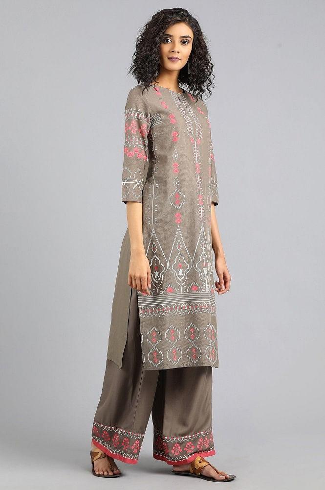 Brown Round Neck Printed kurta - wforwoman