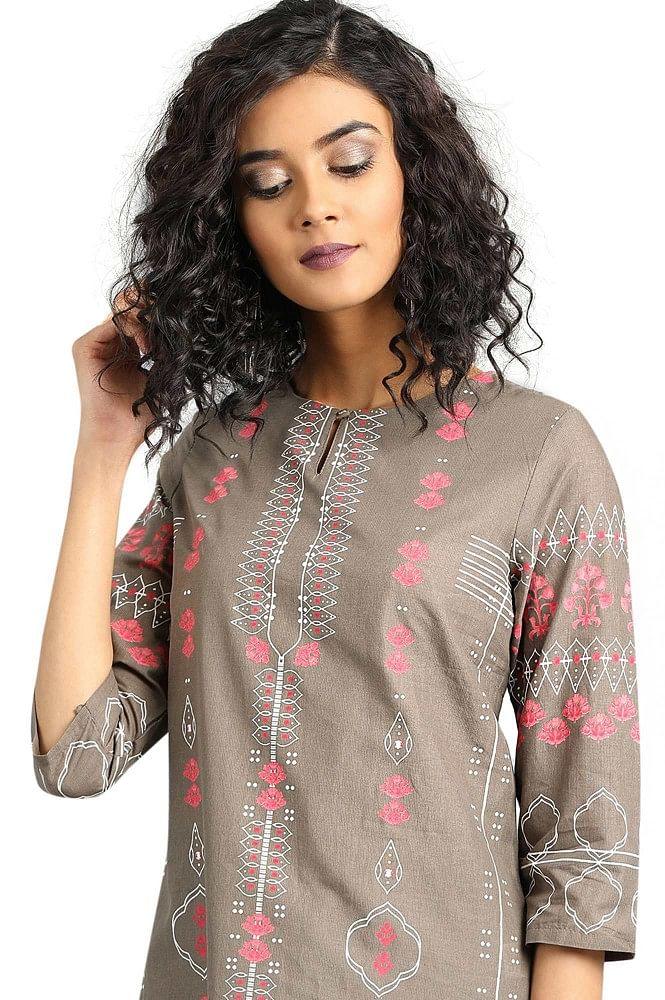 Brown Round Neck Printed kurta - wforwoman