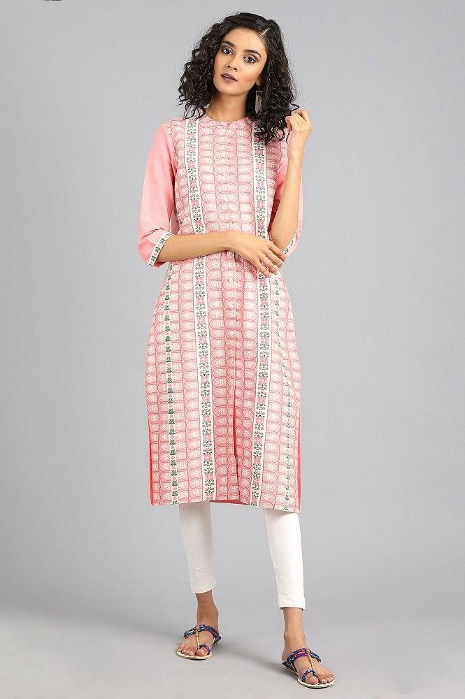 Pink Mandarin Neck Printed kurta - wforwoman