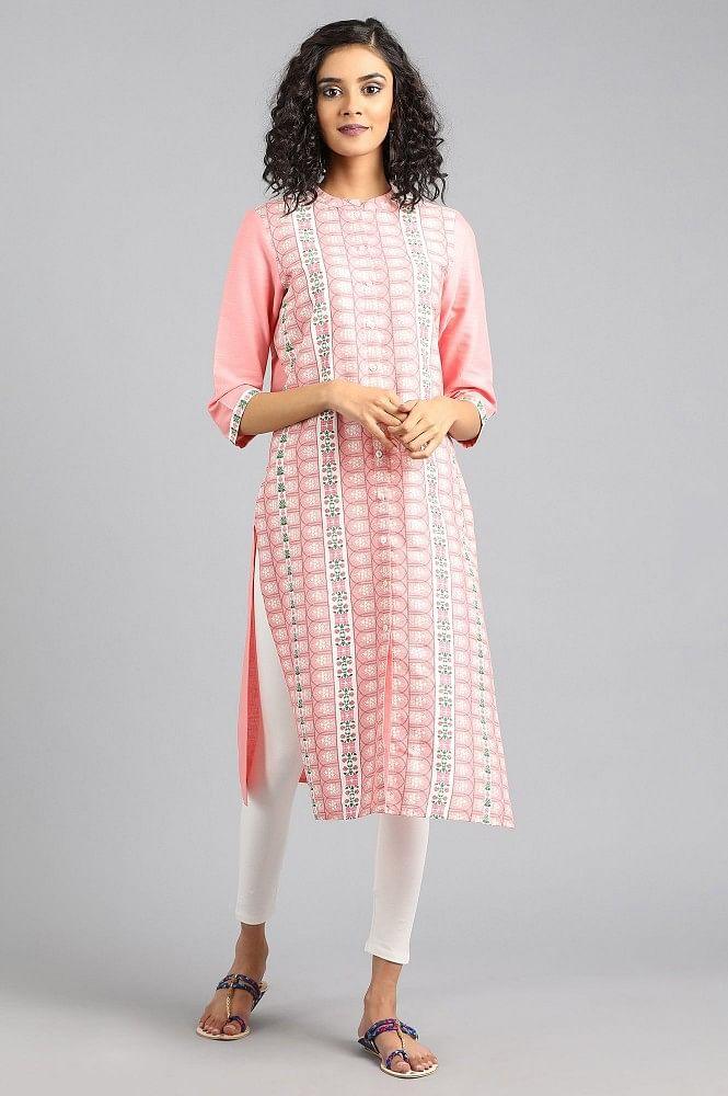 Pink Mandarin Neck Printed kurta - wforwoman