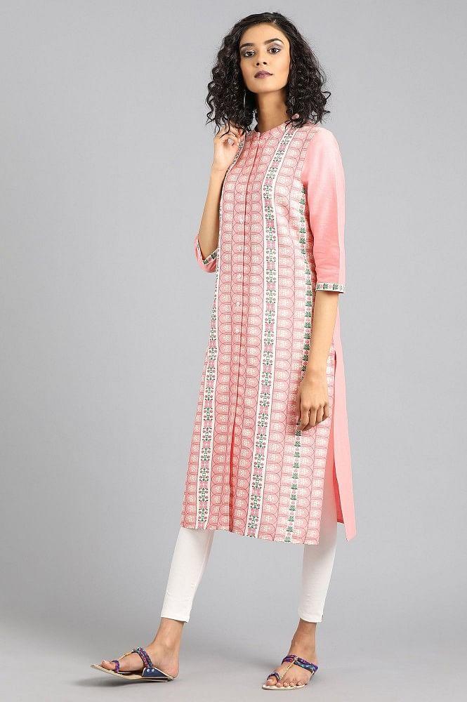 Pink Mandarin Neck Printed kurta - wforwoman