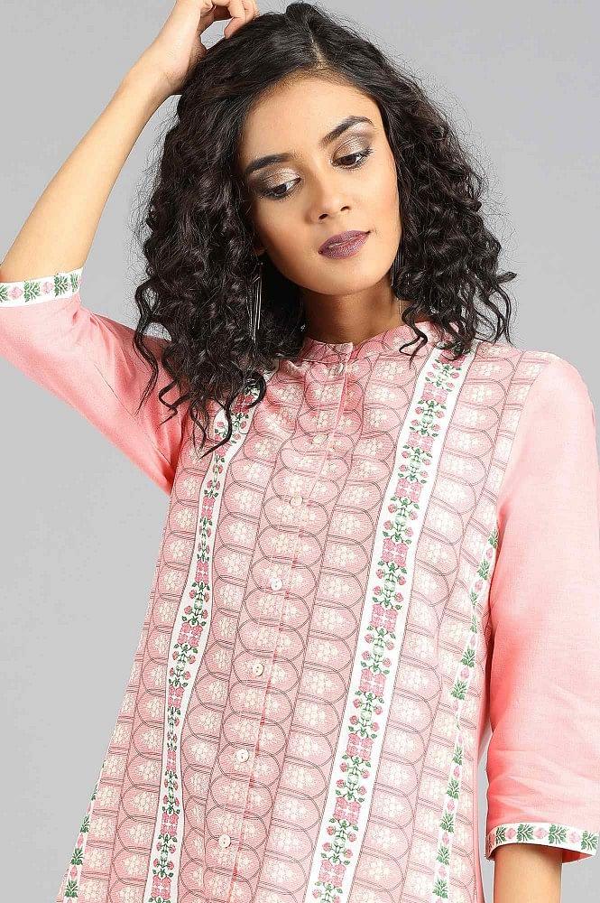 Pink Mandarin Neck Printed kurta - wforwoman