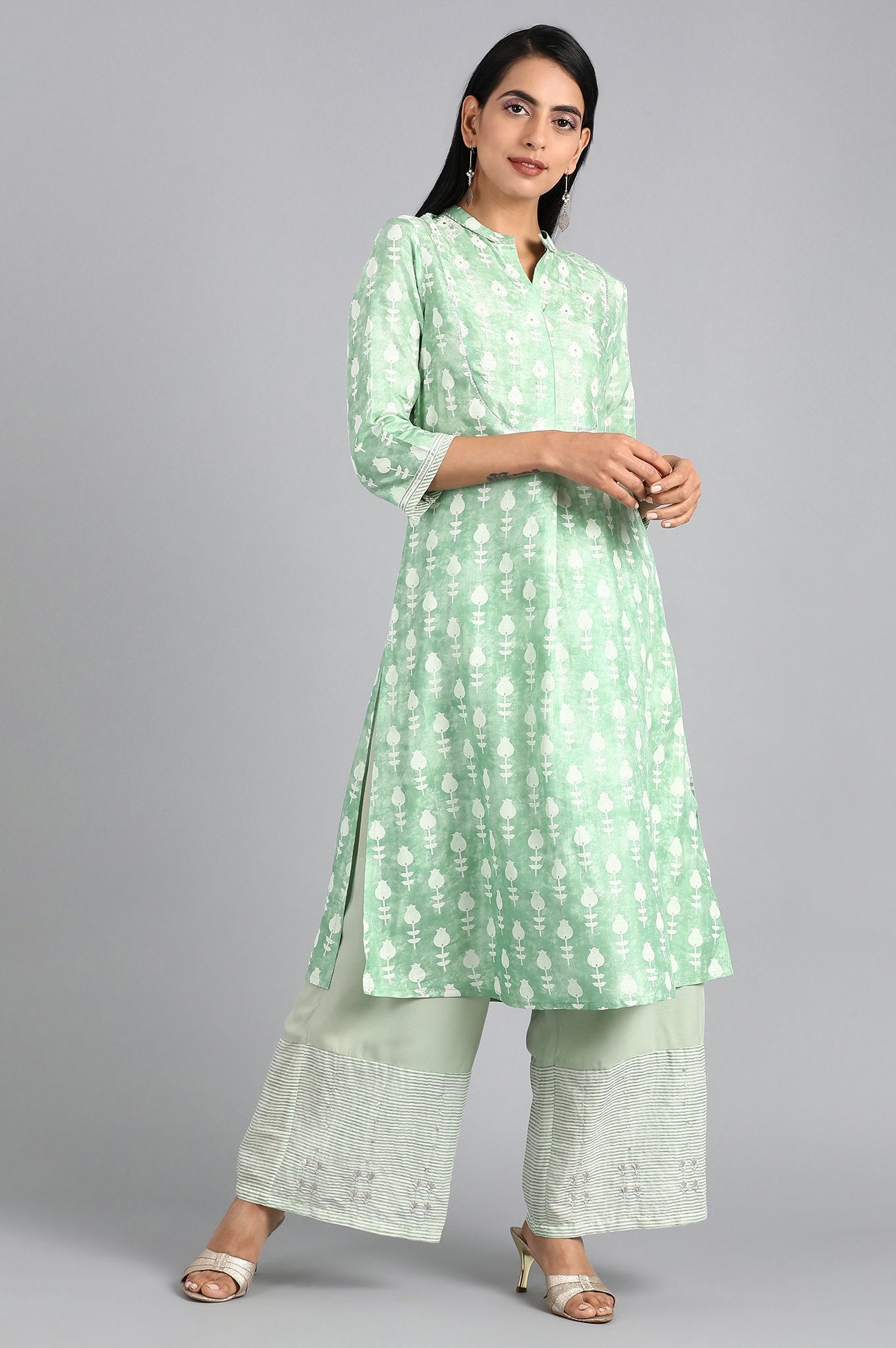 Green Mandarin Neck Printed kurta