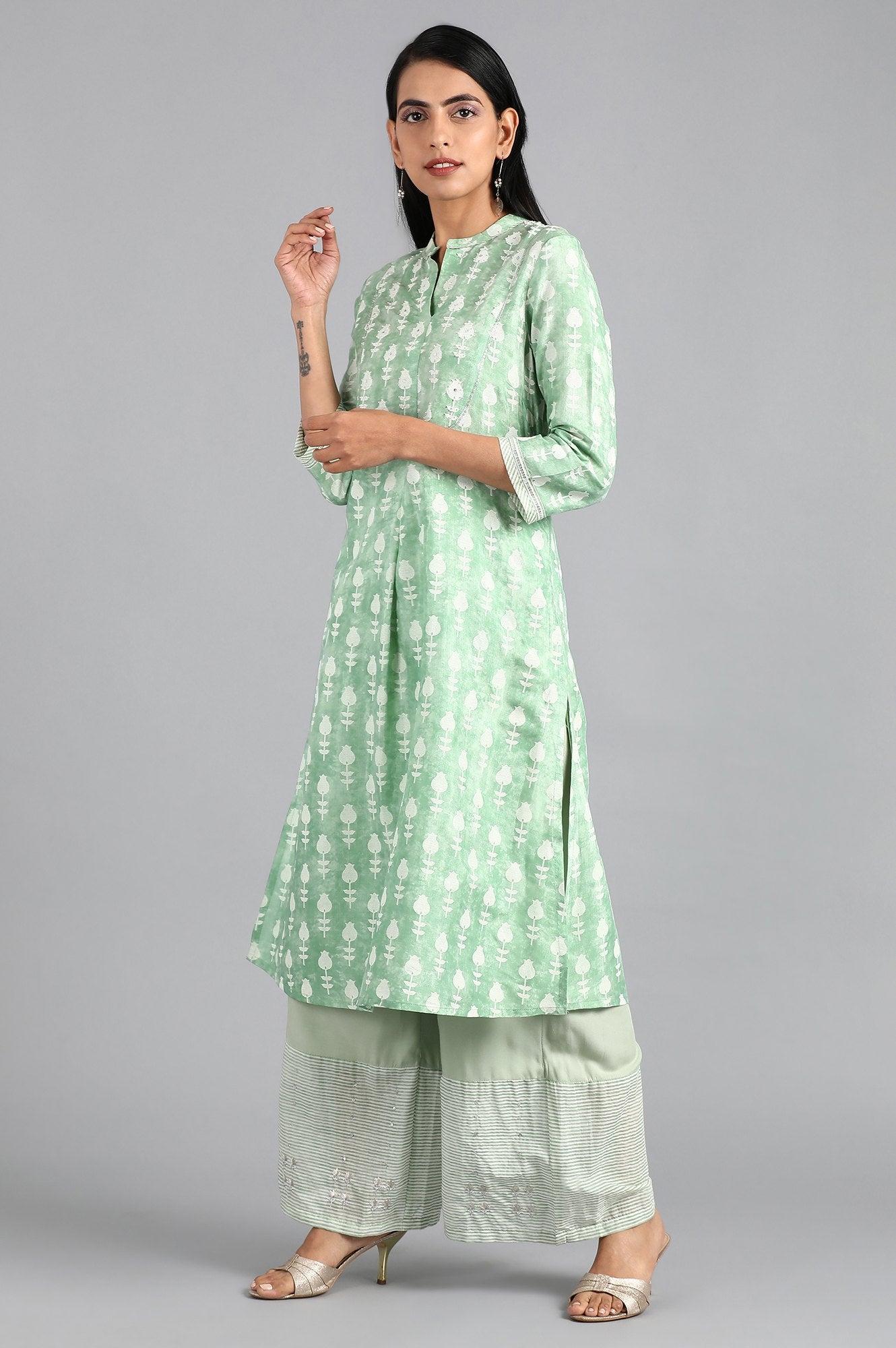 Green Mandarin Neck Printed kurta