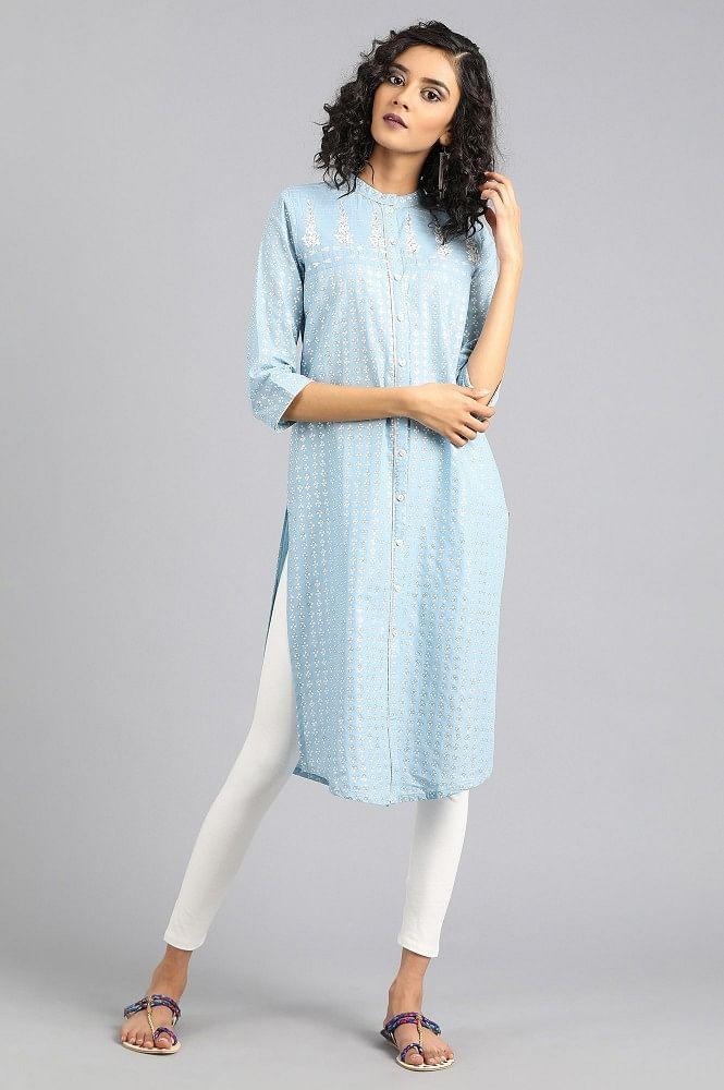 Blue Mandarin Neck Printed kurta - wforwoman