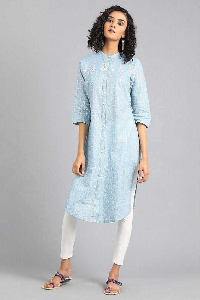 Blue Mandarin Neck Printed kurta - wforwoman