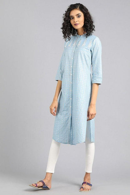 Blue Mandarin Neck Printed kurta - wforwoman