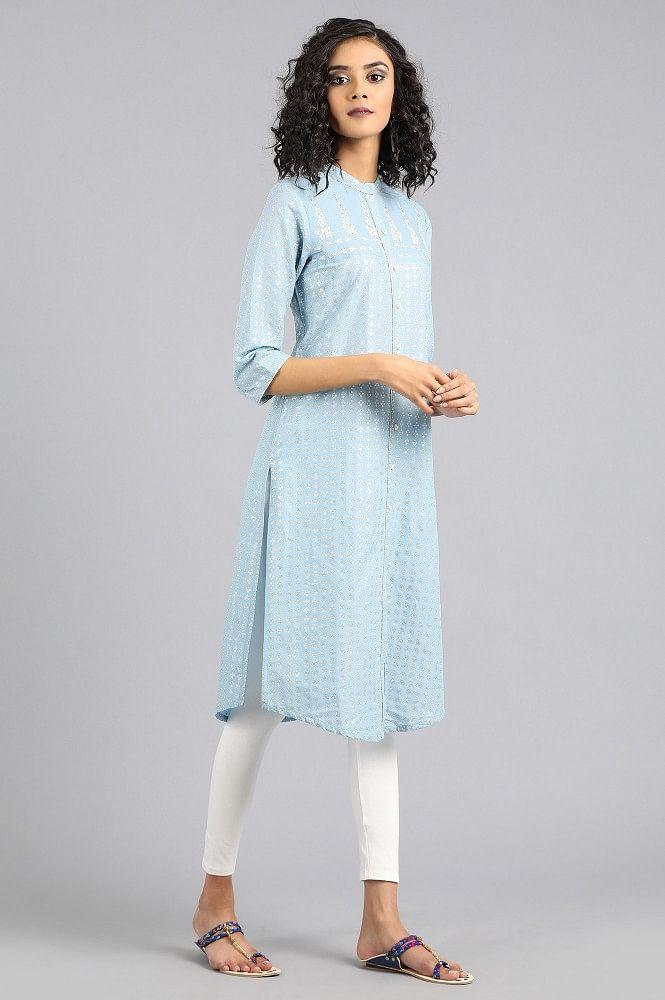 Blue Mandarin Neck Printed kurta - wforwoman