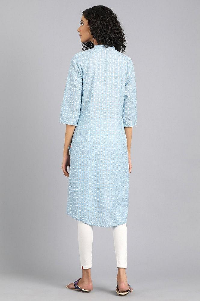 Blue Mandarin Neck Printed kurta - wforwoman