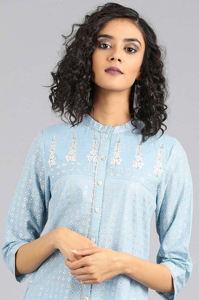 Blue Mandarin Neck Printed kurta - wforwoman