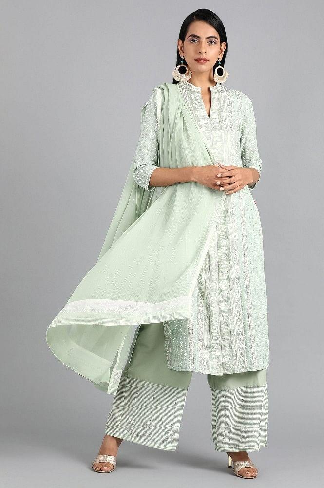 Green Mandarin Neck Printed kurta - wforwoman