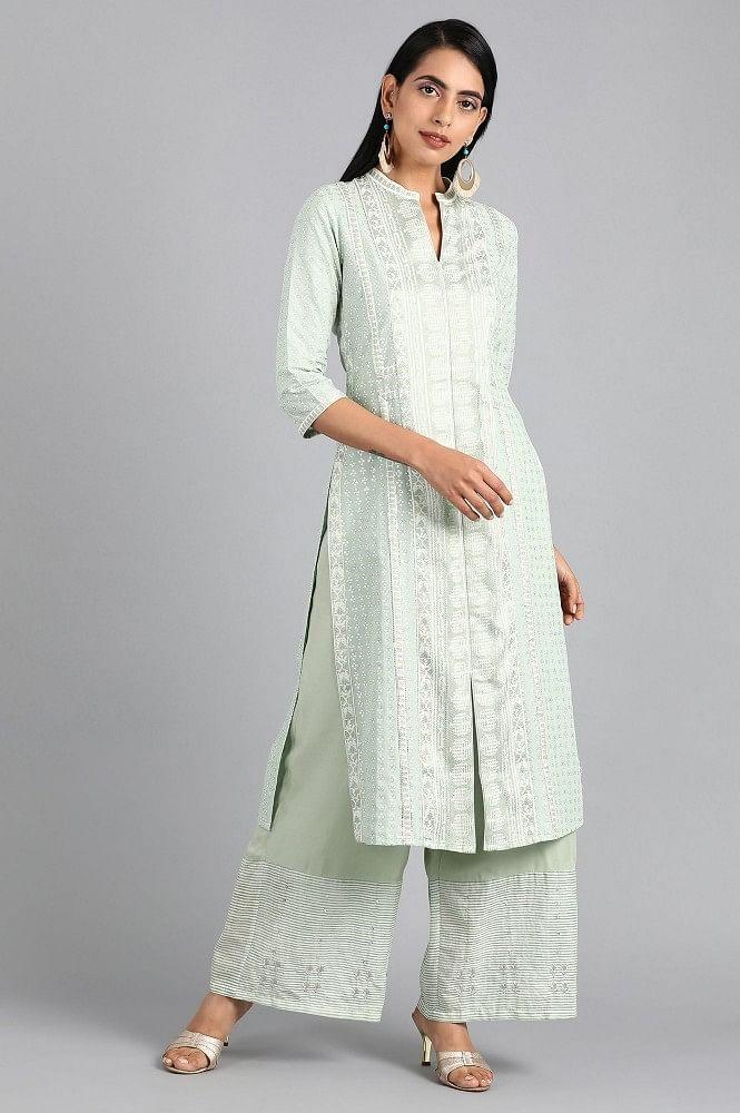 Green Mandarin Neck Printed kurta - wforwoman