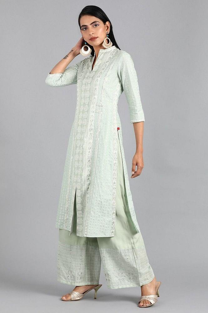 Green Mandarin Neck Printed kurta - wforwoman