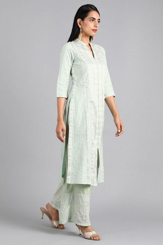 Green Mandarin Neck Printed kurta - wforwoman