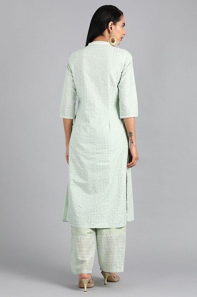 Green Mandarin Neck Printed kurta - wforwoman