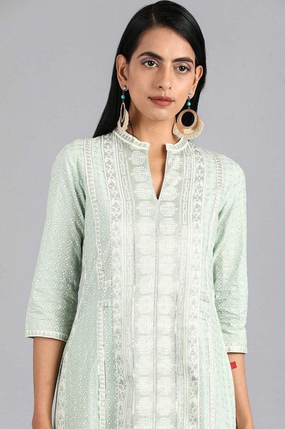 Green Mandarin Neck Printed kurta - wforwoman