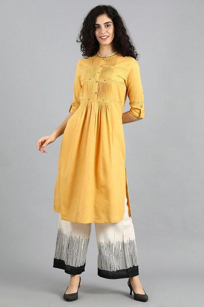 Yellow Mandarin Neck Solid kurta - wforwoman