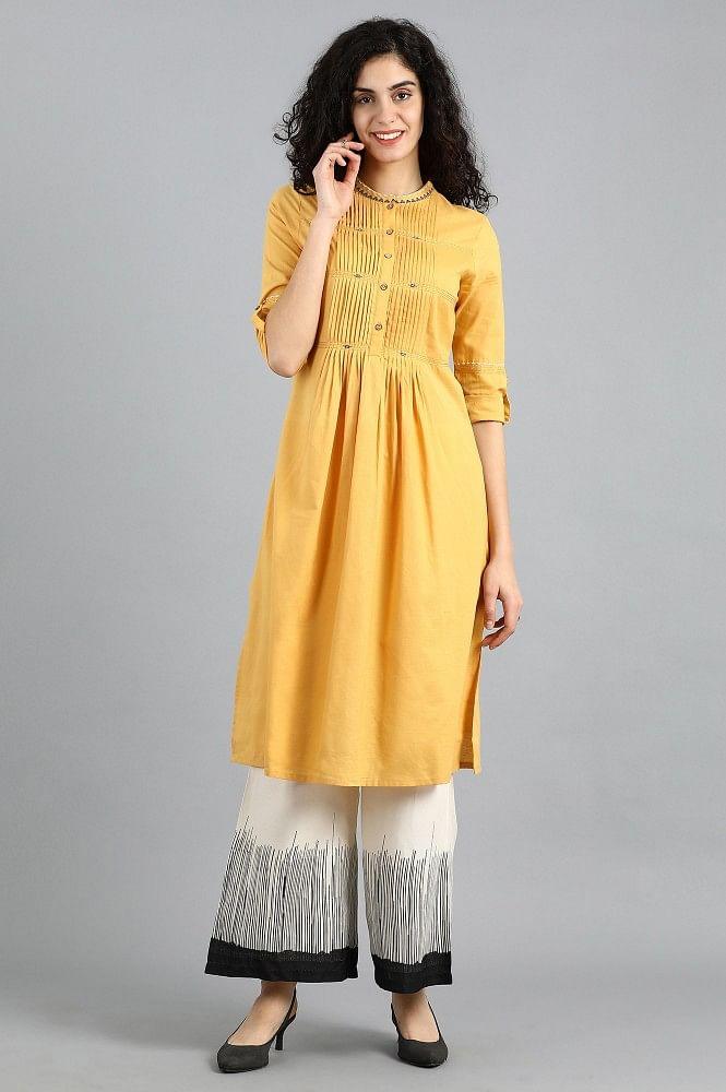 Yellow Mandarin Neck Solid kurta - wforwoman