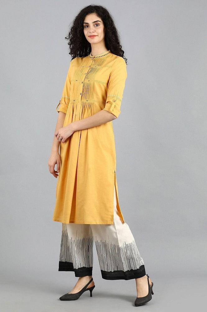 Yellow Mandarin Neck Solid kurta - wforwoman