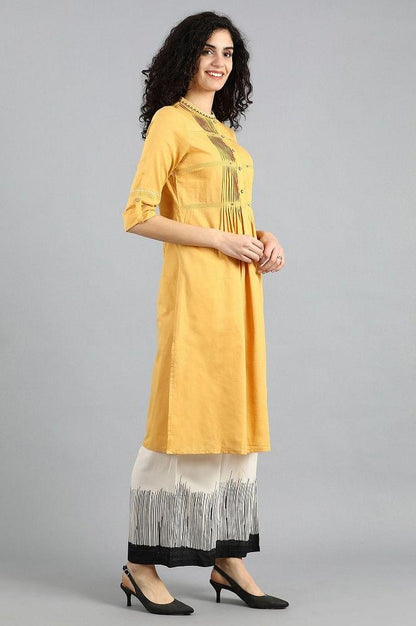 Yellow Mandarin Neck Solid kurta - wforwoman