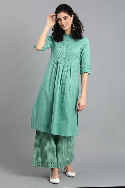 Green Mandarin Neck Solid kurta - wforwoman