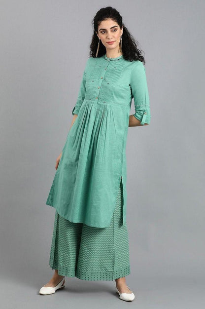 Green Mandarin Neck Solid kurta - wforwoman