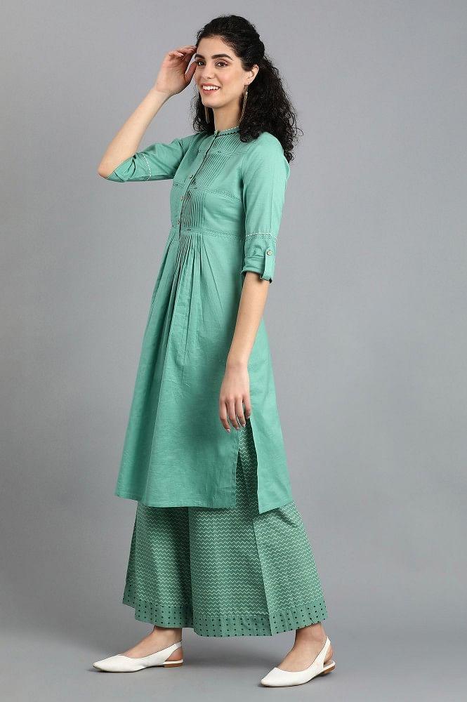 Green Mandarin Neck Solid kurta - wforwoman