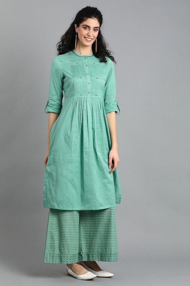 Green Mandarin Neck Solid kurta - wforwoman