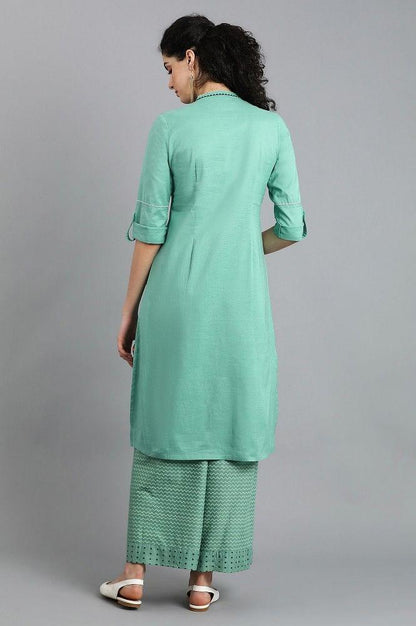 Green Mandarin Neck Solid kurta - wforwoman