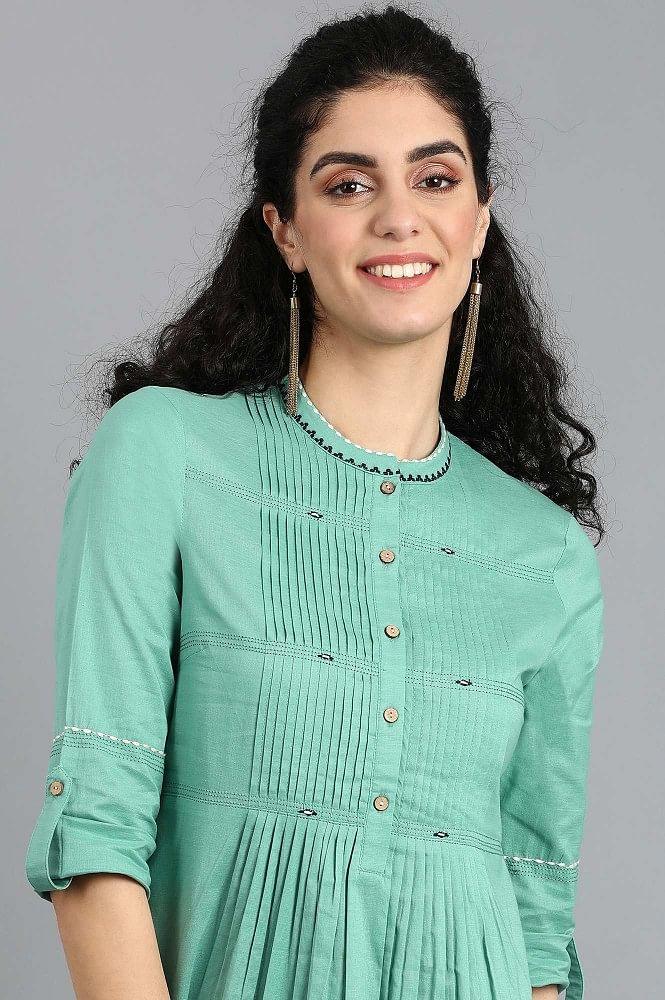 Green Mandarin Neck Solid kurta - wforwoman