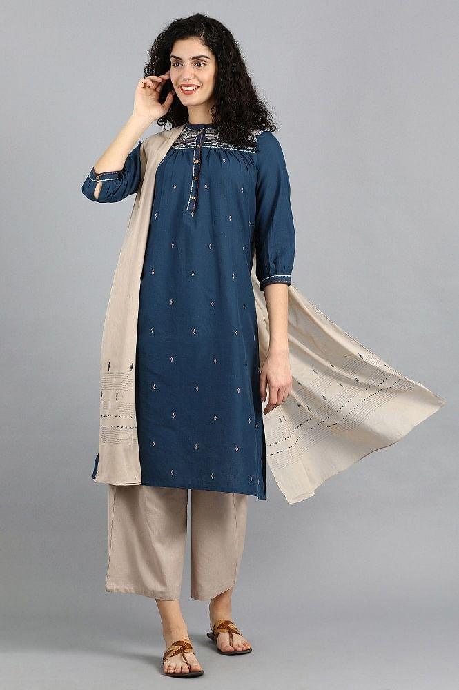 Blue Mandarin Neck Solid kurta - wforwoman