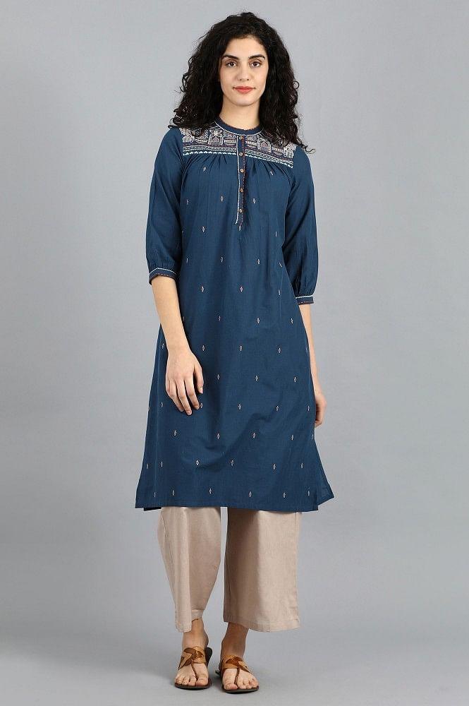 Blue Mandarin Neck Solid kurta - wforwoman