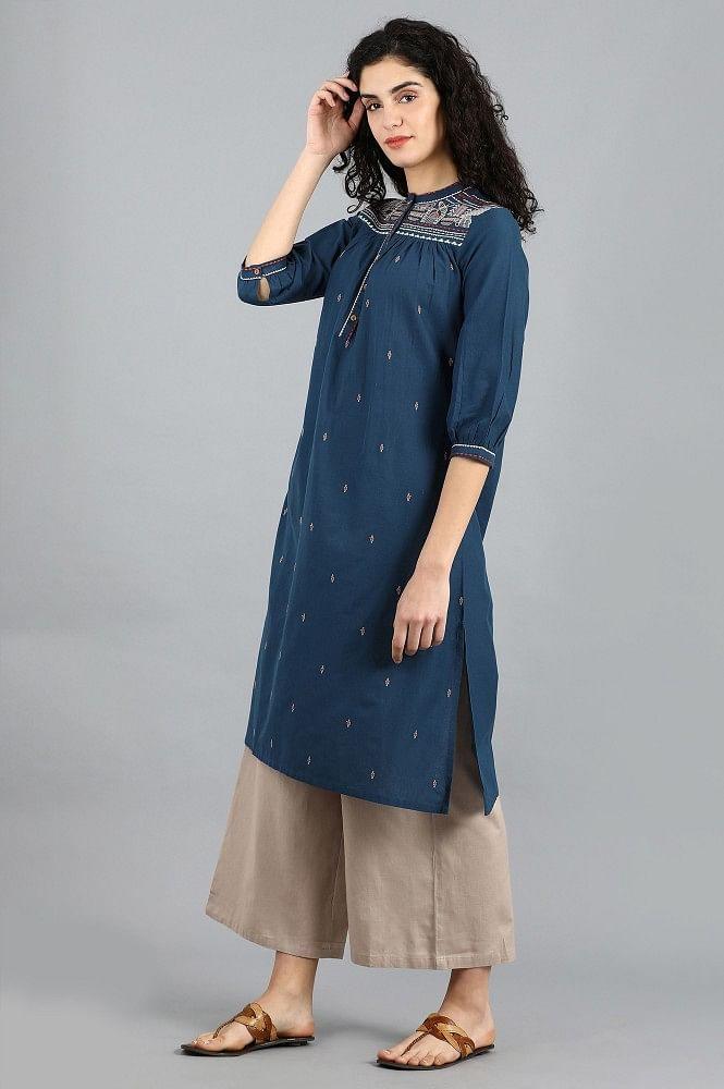 Blue Mandarin Neck Solid kurta - wforwoman