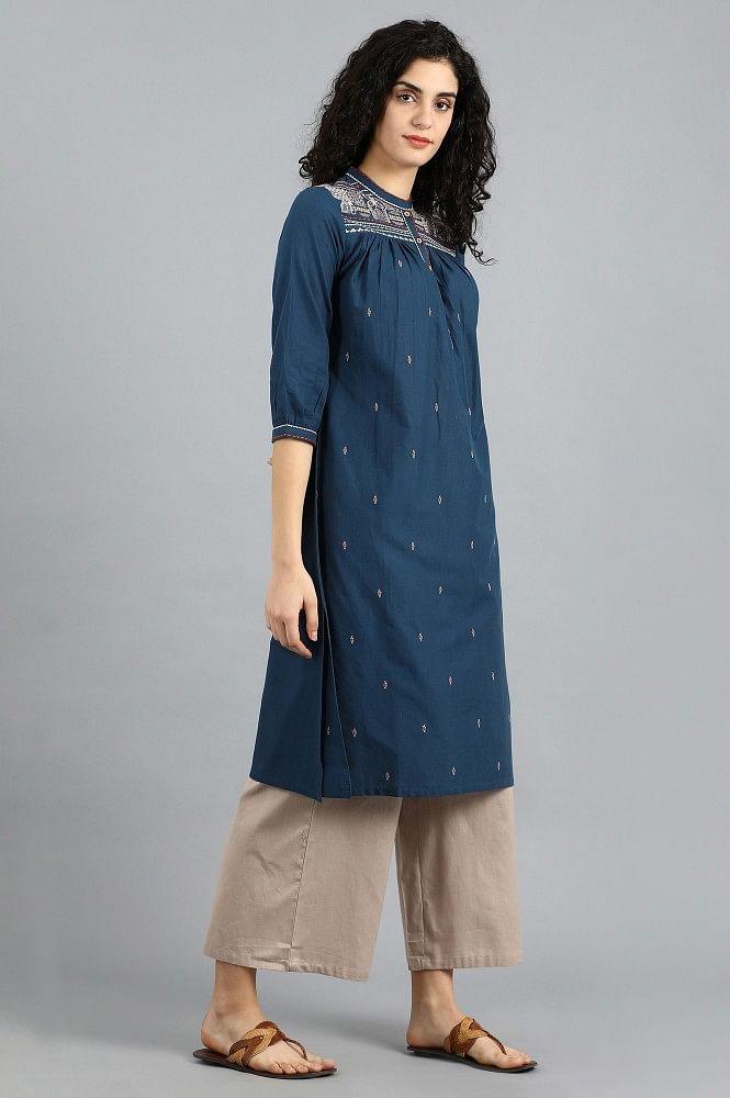 Blue Mandarin Neck Solid kurta - wforwoman