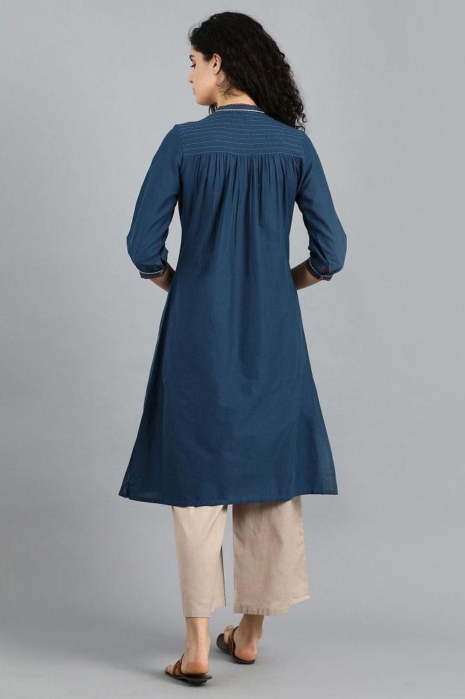 Blue Mandarin Neck Solid kurta - wforwoman