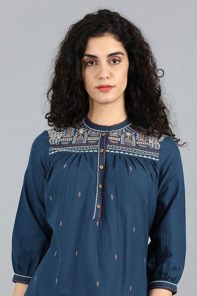 Blue Mandarin Neck Solid kurta - wforwoman