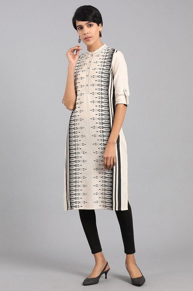 Beige Mandarin Neck kurta - wforwoman