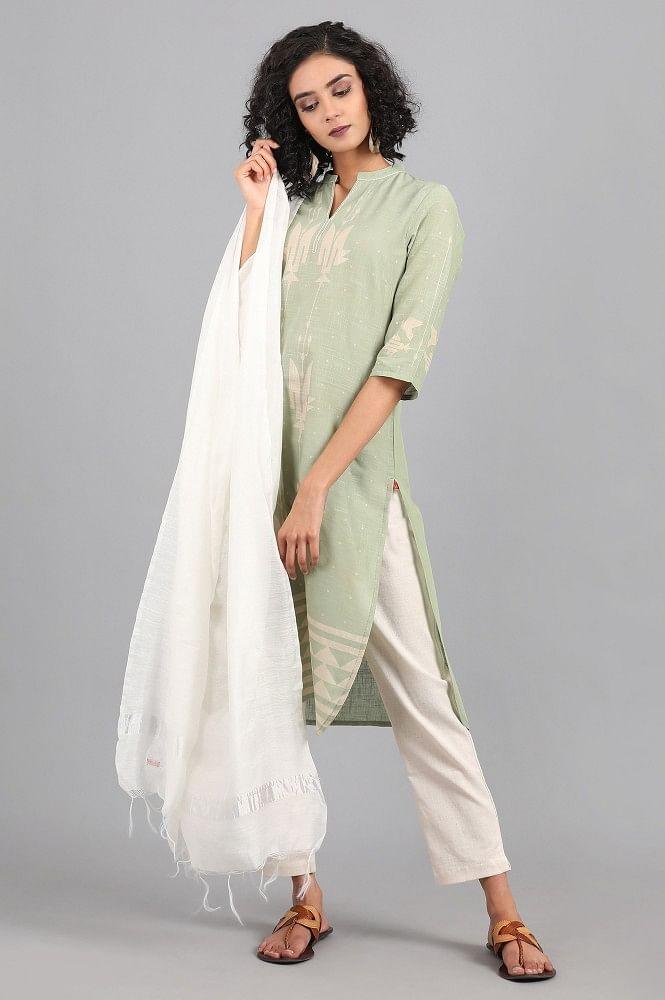 Green Mandarin Neck Printed kurta - wforwoman