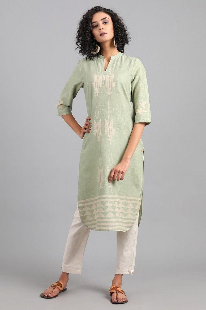 Green Mandarin Neck Printed kurta - wforwoman