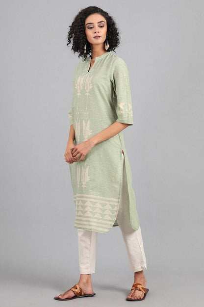 Green Mandarin Neck Printed kurta - wforwoman