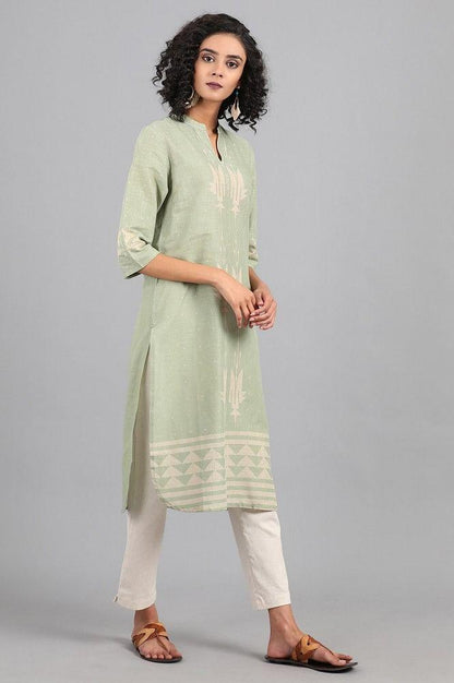 Green Mandarin Neck Printed kurta - wforwoman