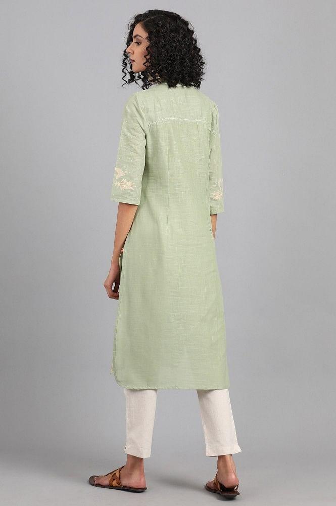 Green Mandarin Neck Printed kurta - wforwoman