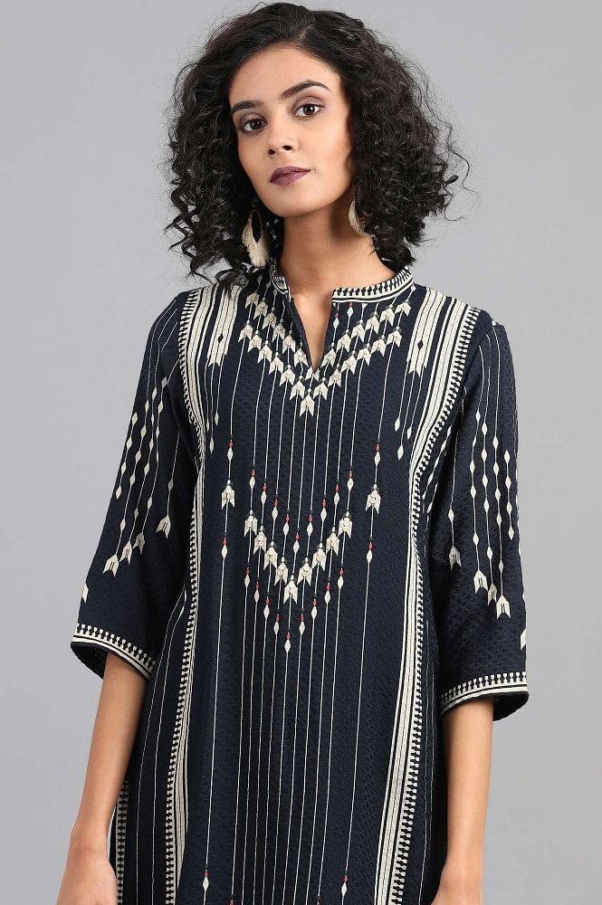 Navy Blue Mandarin Neck Printed kurta - wforwoman