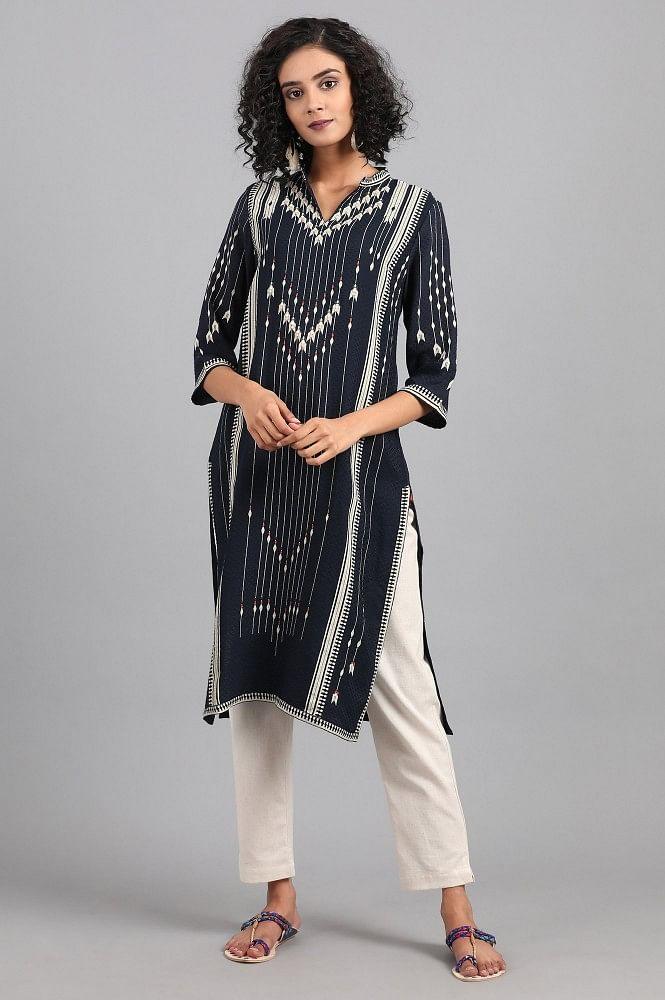 Navy Blue Mandarin Neck Printed kurta - wforwoman