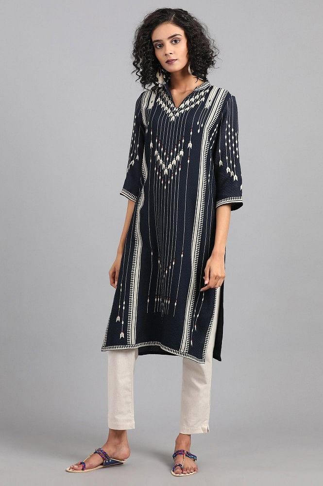 Navy Blue Mandarin Neck Printed kurta - wforwoman